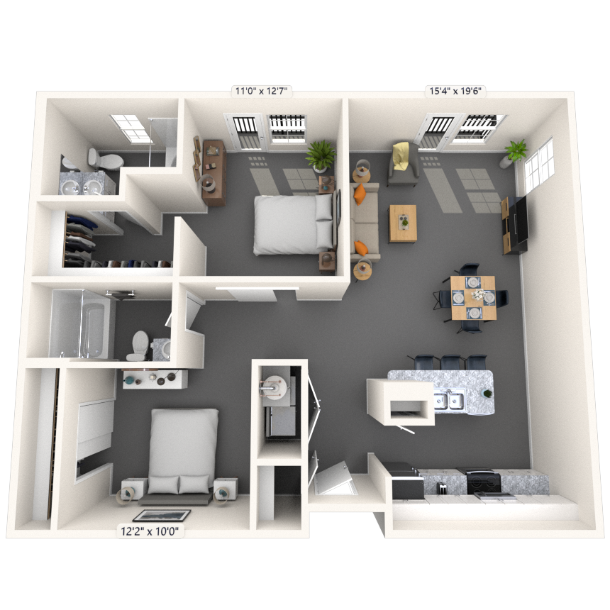 Floor plan for 2 beds, 2 baths, 1073 sqft